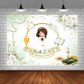 AIBIIN 7x5ft Mi Primera Comunion Backdrop for Girl Baptism God Bless First Holy Communion Party Decorations Christening Mi Bautizo Green Gold Glitter Spots Party Banner Photo Studio Props