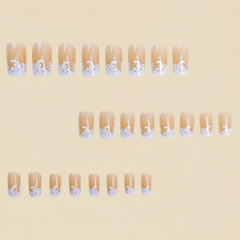 CJDLTS Medium Square White Flower Design False Nails - Full Cover DIY Glue on Nails for Women 24Pcs