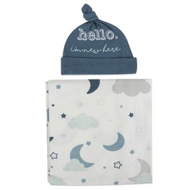 Soft Cotton Baby Swaddle Wrap Blanket with Matching Hat or Headband Cap Set for Newborns and Infants (Starry)