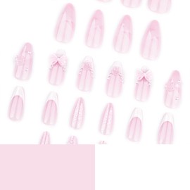 24 Pcs Pink Almond Press on Nails Short Medium Fake Nails with Glue 3D Flower False Nails with Bow Butterfly Design French Nail Tips Spring Acrylic Nails Press ons Full Cover Stick on Nails for Women