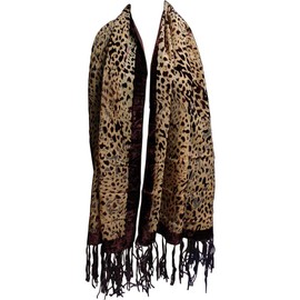 Sheer Velvet Beige Leopard Print Fringed Lightweight Scarf Shawl Wrap (Brown)