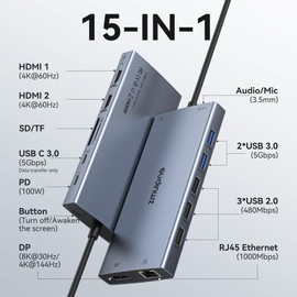 USB C Laptop Docking Station with 2 HDMI 4K@60Hz+DP 8K@30Hz for Dell HP Thinkpad Surface, 15 in 1 USB C Hub Triple Display Multiple Adapter, Dongle with USB A Port+Button+PD+Ethernet+SD/TF+Audio