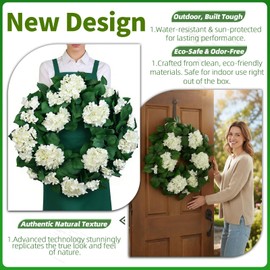 27" Hydrangea Wreath for Front Door – All-Season Wedding Décor with Lamb’s Ear Leaves & Hydrangea Blooms – Spring/Summer Farmhouse Style, Perfect Year-Round Decoration (White Hydrangea, Extra Large)