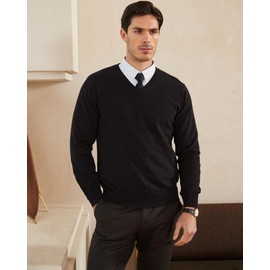 Kallspin Men's V-Neck Long Sleeve Jumper Pure Cotton Lightweight Pullover Casual Business Solid Sweater(Black, 4XL)