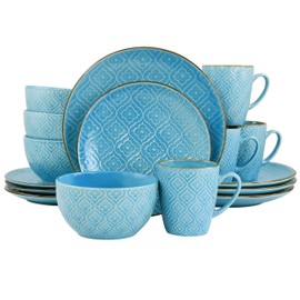 Elama Elegant Round Stoneware Ogee Style Dinnerware Dish Set, 16 Piece, Bright Blue