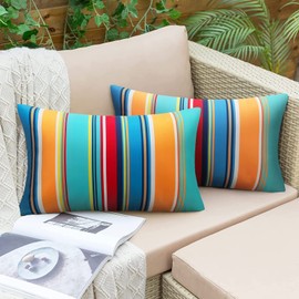 Pyonic Pack of 2 Outdoor Waterproof Throw Pillow Covers Light Blue Pillow Covers Decorative Square Cushion Cases for Patio Furniture Tent Garden Couch,18x18 Inches,Color Stripe