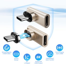 2 Pack USB C Magnetic Adapter, 24 Pin USB C Angle Plug 90 Degree 240 W 48 V/5 A, 8 K @ 60 Hz Video Transmission, 40 Gbps Data Transfer, USB C 90 Degree Adapter for MacBook Pro/Air/Steam Deck/PSVR2/ROG