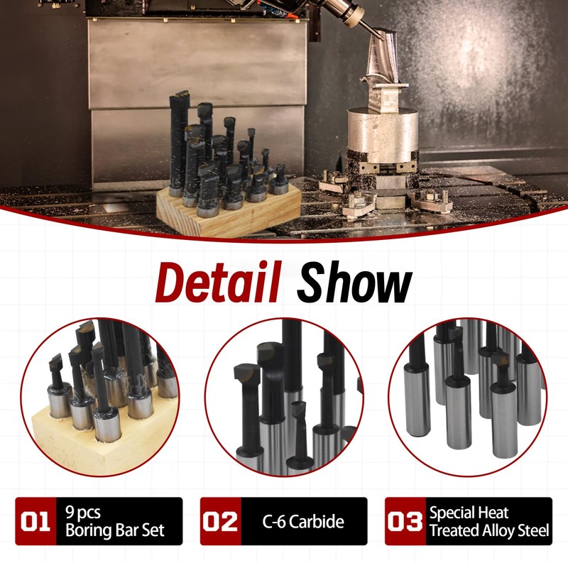 findmall 9 pcs 1/2" Boring Bar Set C6 Carbide Tipped