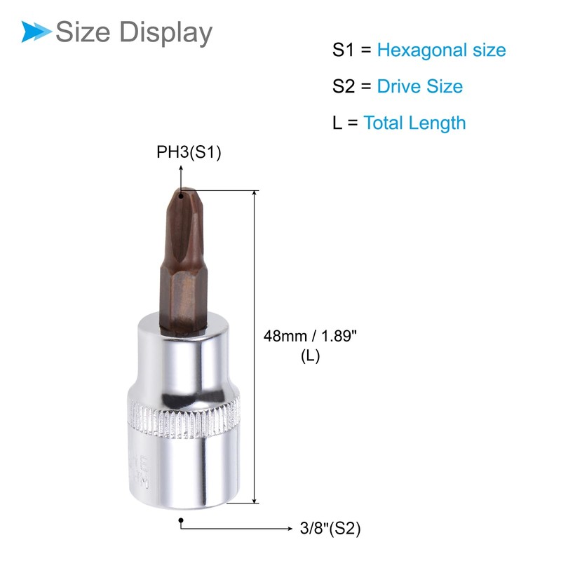 CoCud Phillips Bit Socket, PH3 Bit 3/8" Drive 1.89" Long,