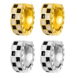 Checkered Chunky Oval Hoop Earrings for Women 14K Gold Minimalist Tiny White Black Enamel Round Circle Checker Earrings Fashion Trendy Jewelry Christmas Gifts, Medium, Metal, No Gemstone