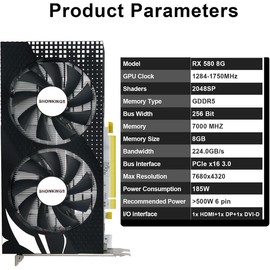 SHOWKINGS RX 580 8GB Graphics Card, 256Bit 2048SP GDDR5 Video Card for Pc Gaming, DP HDMI DVI-Output, PCI Express 3.0 with Dual Fan for Office and Gaming