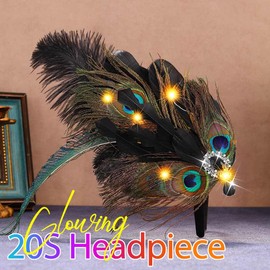 GORTIN 1920s Flapper Headpiece Light up Roaring 20s Feather Headband Art Deco Peacock Feather Hair Accessories for Women (Black, Free size)