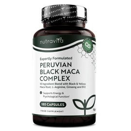 Nutravita Schwarzer Maca Komplex 6000mg mit Zink Ginseng, Bockshornklee, L Arginin, Vitamin B6 & Vitamin B12 für Energiestoffwechsel und Psychischen Funktion (EFSA) 180 Maca Kapseln für 6 Monate