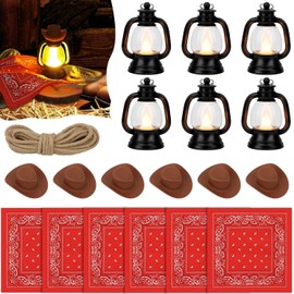 MOTOTO Juego de 6 centros de mesa con tema occidental, decoración de fiesta de vaquero occidental, incluye mini linternas decorativas con vela LED, linterna colgante, mini sombreros de vaquero y