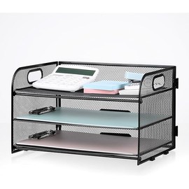 3-Tier Letter Tray Paper Organizer with Handle, Compact Mesh Desk File Organizer for Home Office Supplies Desktop Accessories,Black
