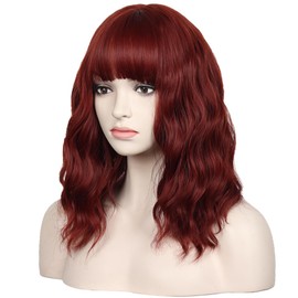 Short 14 Inches Pastel Wavy With Air Bangs Bob Cosplay Wig for Girl and Women Colorful Wigs (Auburn)