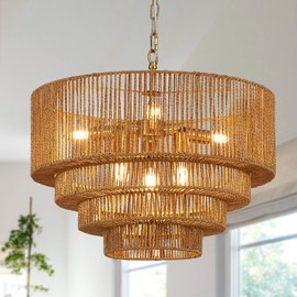 YOMECOO 19.7" Hand-Woven Rattan Chandelier Vintage Farmhouse 6-Lights Boho Bamboo Chandelier Light Fixture Retro 4-Tier Drum Wicker Rattan Golden Chandelier for Dining Room, Kitchen, E12