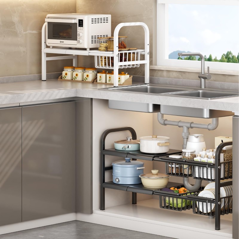 Fliqor Under Sink Organizer，2 Tier Expandable Heavy Duty Metal Shelf，with