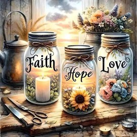 EOBROMD DIY 5D Faith,Hope,Love Wishing Bottle Diamond Art Painting for Adults Beginner, Full Round Drill Sparkling Diamond Painting Picture, Diamond Art Craft Kits for Adults Home Wall Decor 30x30cm