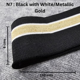Knit Rib Cuff & Neck Trim Stretch Striped Ribbing, Revamp Old or for New Garments Cut and Sew,8 Styles, Sports Feel 100% Polyester Trimming, 1 Piece [N7. Black with White/Metallic Gold, Width 6cms]