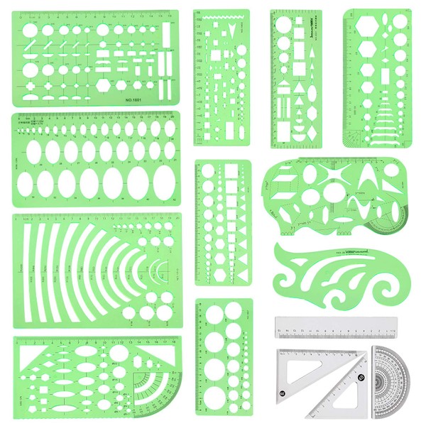 Geometric Drawings Templates Measuring Geometry Rulers 15 Pcs with 1 Pack File Bag for Design School Studying Office Building