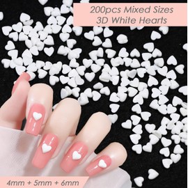 200 Pieces 3D Nail Art White Hearts Mixed Sizes 4mm 5mm 6mm, Beauties Factory Nail Tip Decals Flatback Heart