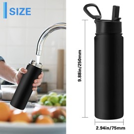 OSAGIE Insulated Stainless Steel Water Bottle - 24oz Sports Bottle with Brush and Straw Lid for Sports, Travel, and More to Stay Hydrated in Style- Black