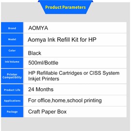 Aomya Compatible HP Black Ink Refill Kit 500ml Dye Bulk Ink for HP Inkjet Printers Refillable Cartridge CISS CIS System (16.9 oz) with Syringe&Glove