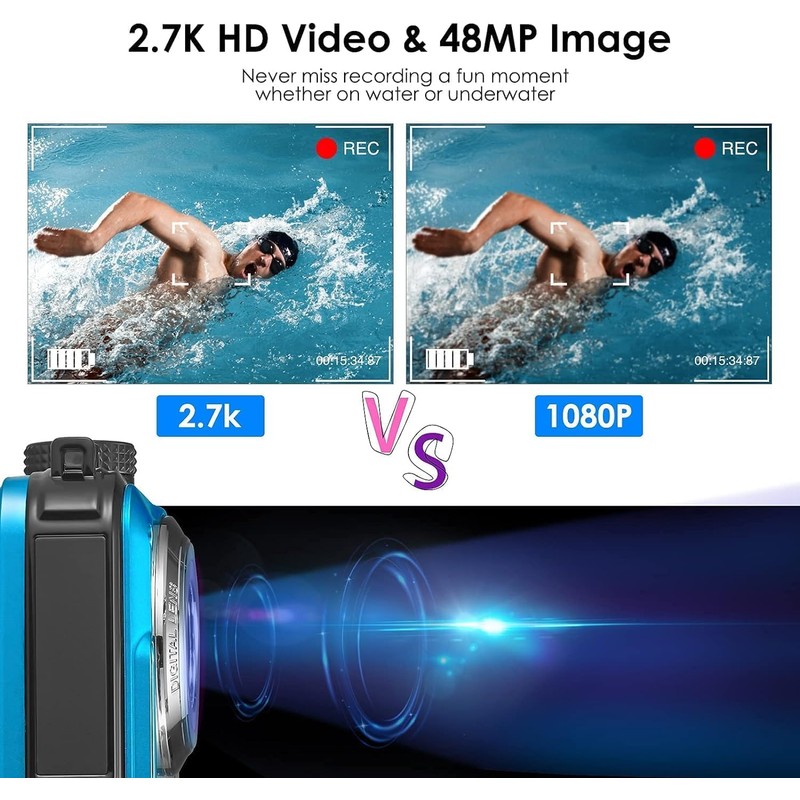 Helangel Digital Camera Waterproof Full HD 2.7K 48MP Underwater Camera