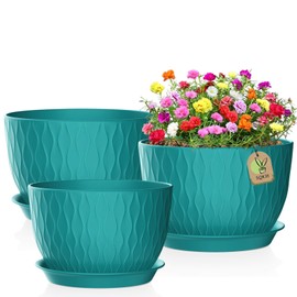 SQKH 12in/10in/9in Combination 3-Piece Garden Plant Pot with Water Ripple with Drain Hole and Tray.(Blue-Green)