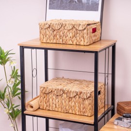 LUSYDECO LUSYDECO Scalloped Edge Wicker Basket with Lids, Rectangle Wicker Storage Basket with Built-in Handles, Multipurpose Organizer Rattan Display Boxes for Shelf, Nursery Room, Set of 2