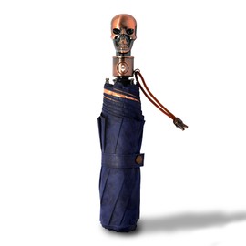 ViddVoom Gothic Skull Umbrella Compact Portable Automatic Folding with Golden Skull Handle Dark Blue with Gold UV Coating (Dark Blue)