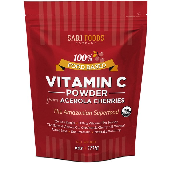 Sari Foods Co Organic Acerola Cherry Powder - Natural Vitamin C Complex Powder - Plant Based, Non-Synthetic Nutrition. Nature’s Daily Whole Food, Antioxidants and Bioflavonoids, 6 Ounce