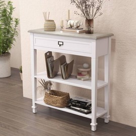 Kinsuite Narrow Console Table - Foyer Tables for Entryway with Drawer & Metal Handle, Modern Wood Sofa Pedestal Tables with Storage Shelves for Living Room, Hallway, White