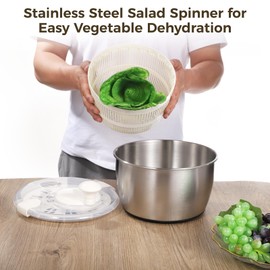 Stainless Steel Salad Spinner 5 L, 360° Quick Spin Function, BPA-Free Lid, Anti-Slip Base, Removable Design for Fruits, Vegetables, Pasta, and More