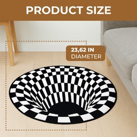 VIDANK - 3D Optical Illusion Round Checkered Rug – Black and White Checkerboard Area Rug for Bedroom, Living Room or Dorm – Cool Trippy Floor Carpet Decor for Boys Room, Game Room or Aesthetic Spaces