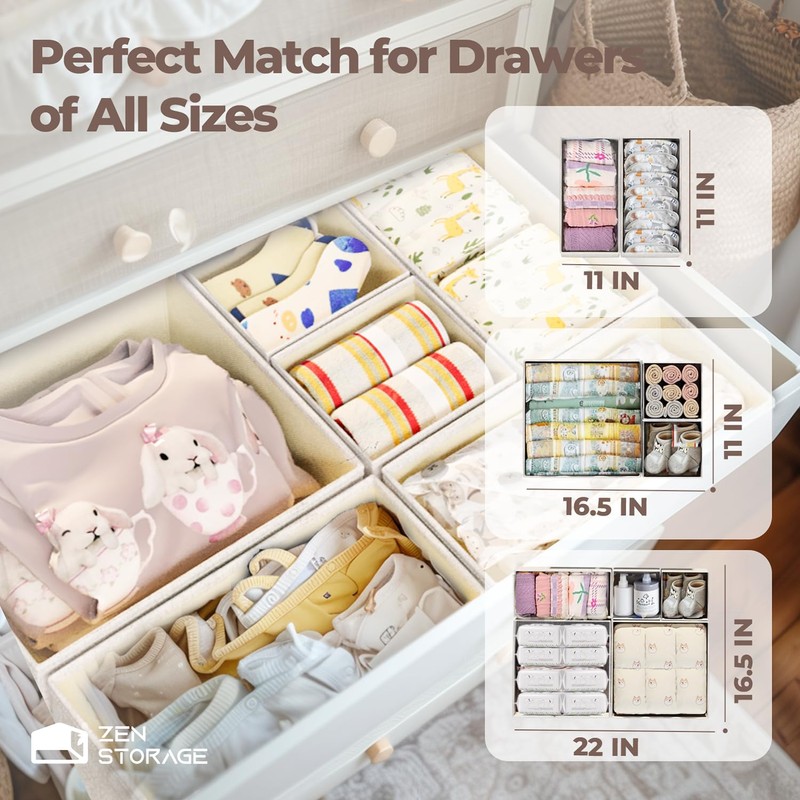 ZenStorage 12 Pack Linen Nursery Drawer Organizer for Baby Clothes,