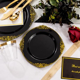 Nervure 600PCS Gold Plastic Dinnerware - Black and Gold Disposable Plates for 100 Guests - 200 Plates, 300 Silverware, 100 Cups for Wedding & Party