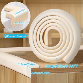 ZOMPAGO Baby Proofing Edge & Corner Protectors, 1 Roll White Foam L-Shape Self-Adhesive Bumper Strip + 8 Corner Guards, Wall & Furniture Safety Bumpers for Nursery, Kitchen, Fireplace, Table, Desk