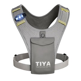 TIYA Running Vest Phone Holder with Light - Waterproof, Touchscreen Compatible Pouch, No-Bounce, Reflective, Ultra-Lightweight Running Accessory for Men & Women - Grey