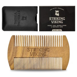 Sandalwood Beard Comb and Case - Pocket Sized Wooden Beard & Mustache Comb with Fine & Coarse Teeth - Perfect for Use with Balms and Oils - Striking Viking (Black)