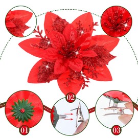 24 Christmas Glitter Artificial Poinsettia Flowers Xmas Poinsettia Artificial Wedding Flowers Decorations Xmas Tree Ornaments with Clips for Party Favors, 6 Inch, 4 Inch, 3 Inch (Red)