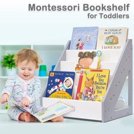 FUNLIO Montessori Bookshelf for Toddlers 1-5 Years, Front-Facing Kids Bookshelf with Handle & Anti-Tilting Device, Premium Pine Baby Bookshelf, Children's Bookcase for Nursery/Classroom - Grey & White