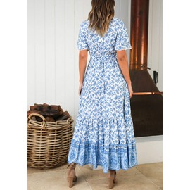 R.Vivimos Womens Summer Cotton Short Sleeve V Neck Floral Print Casual Bohemian Midi Dresses (XL, White)