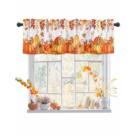 BEMIGO Fall Valances for Windows Thanksgiving Kitchen Valance Curtains Orange Pumpkin Maple Leaves Light Filtering Thermal Insulated Window Curtains for Living Room Bedroom Decor, 54x18in