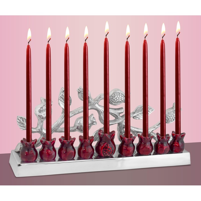 Ner Mitzvah Aluminum Candle Menorah - Silverstone Red Pomegranates -