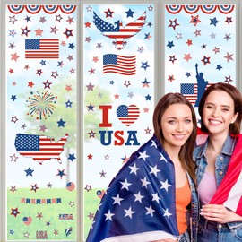 158 Pcs 4th of July Window Clings, 9 Sheets Patriotic Window Clings Decals, Watercolor Double-Sided American Flag Stars Firework Window Stickers for Independence Day Parade Veterans Memorial Day Decor