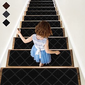 RIOLAND Stair Treads Carpet Non-Slip Indoor 15 PCS Wood Stair Treads Rugs Anti Moving Modern Stair Runners Safety for Kids Dogs, 8" X 30", Diamond Black