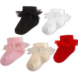5 Pairs Baby Girls Socks - Lace Ruffle Toddler Sock with Eyelet Design (5 Colors) - Soft Cotton Non-Slip Grip Socks for Newborn, Infant & Toddler - Cute Dress Sock for Girls 6-12M