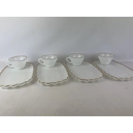 anchor hocking Vintage Anchor Hocking Snack Set Plates & Cups 22K Gold Trim Milk White NOS